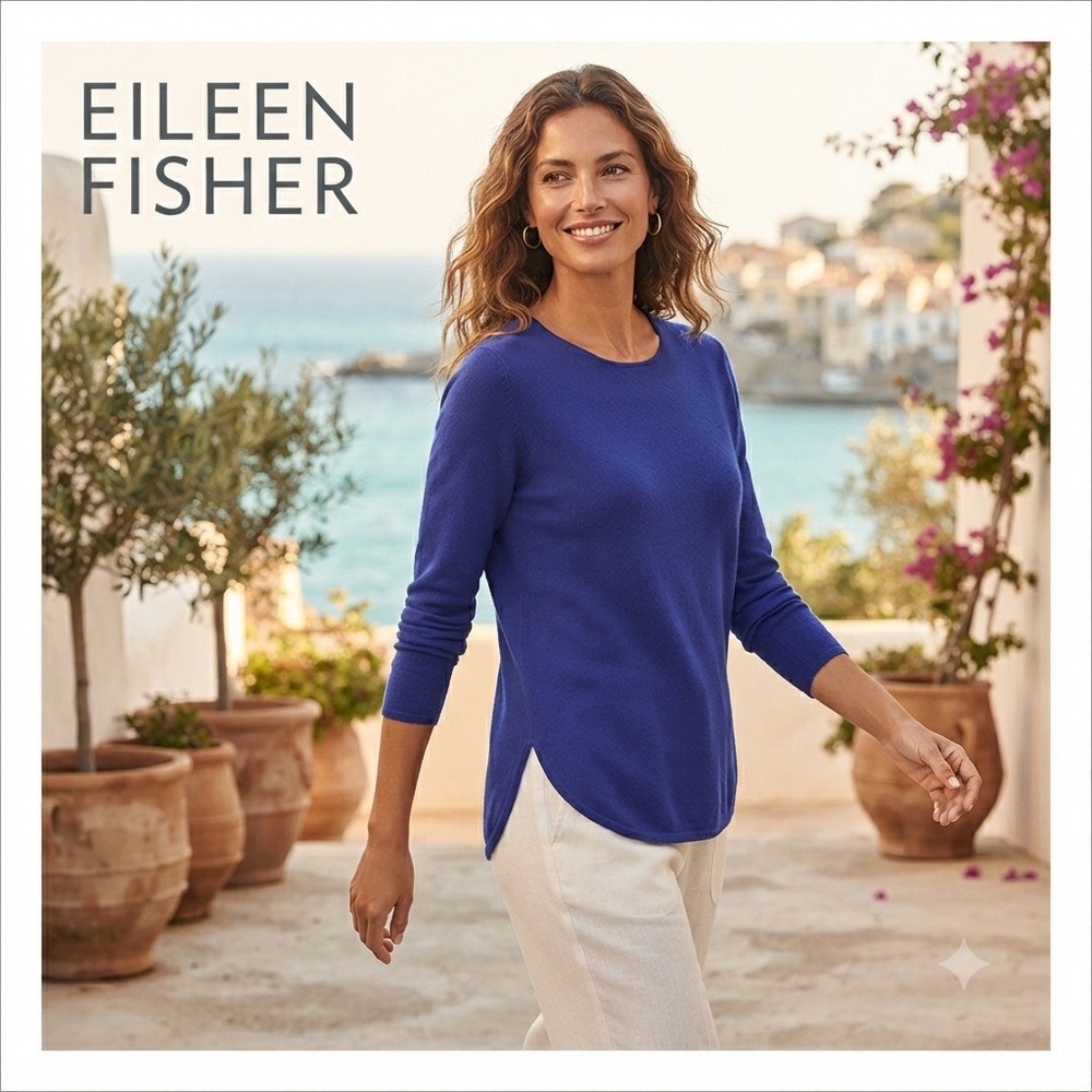 Eileen Fisher S Royal Blue 100% Merino Wool Crew Neck Tunic Sweater Long Sleeve